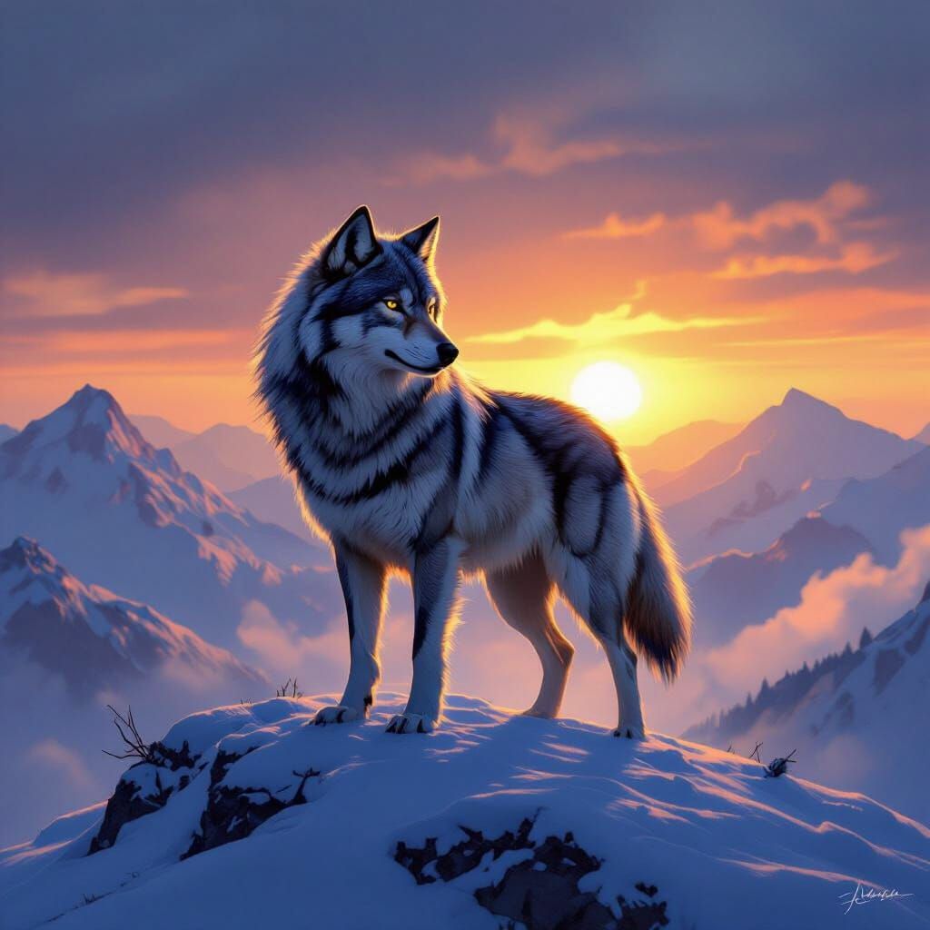 Börü: Majestic Wolf on Snowy Peak at Dawn