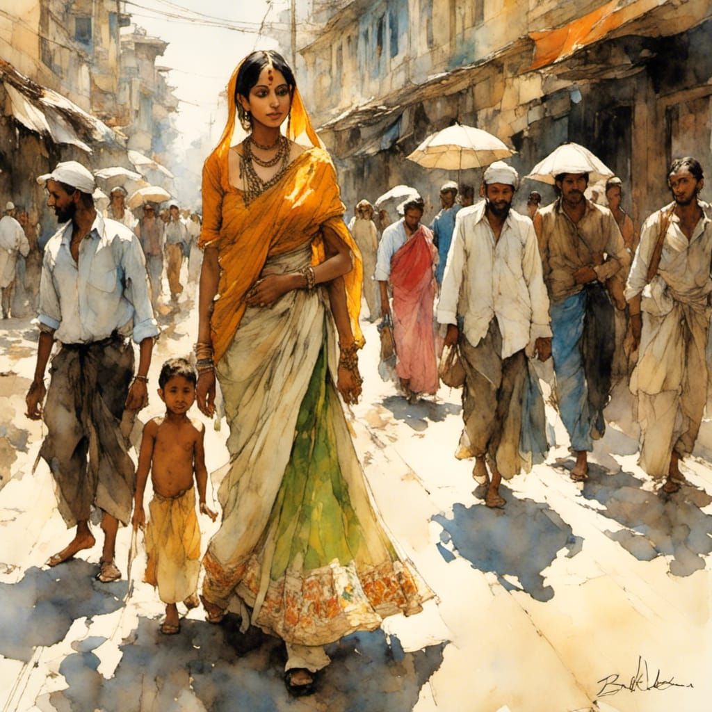 Bangladeshi Woman in Traditional Dress on Crowded Street