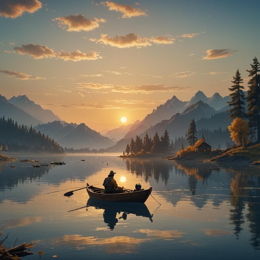 Fisherman in Boat on Lake at Sunset