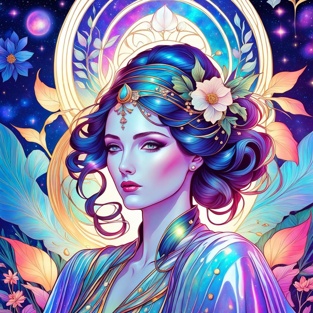 Art Nouveau Lady with Holographic Cosmic Flowers
