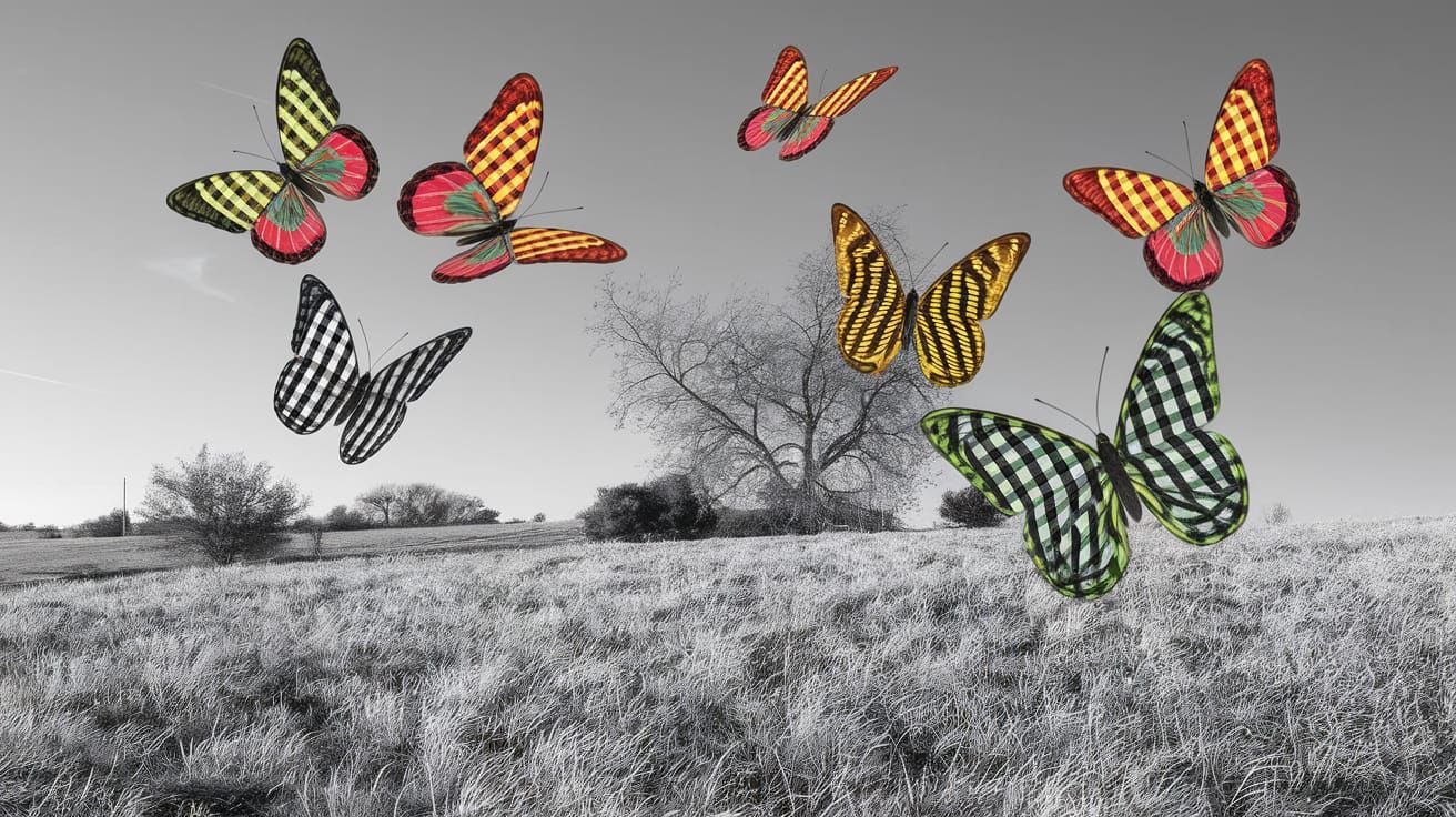 Whimsical Gingham Landscape with Colorful Butterflies in 3D