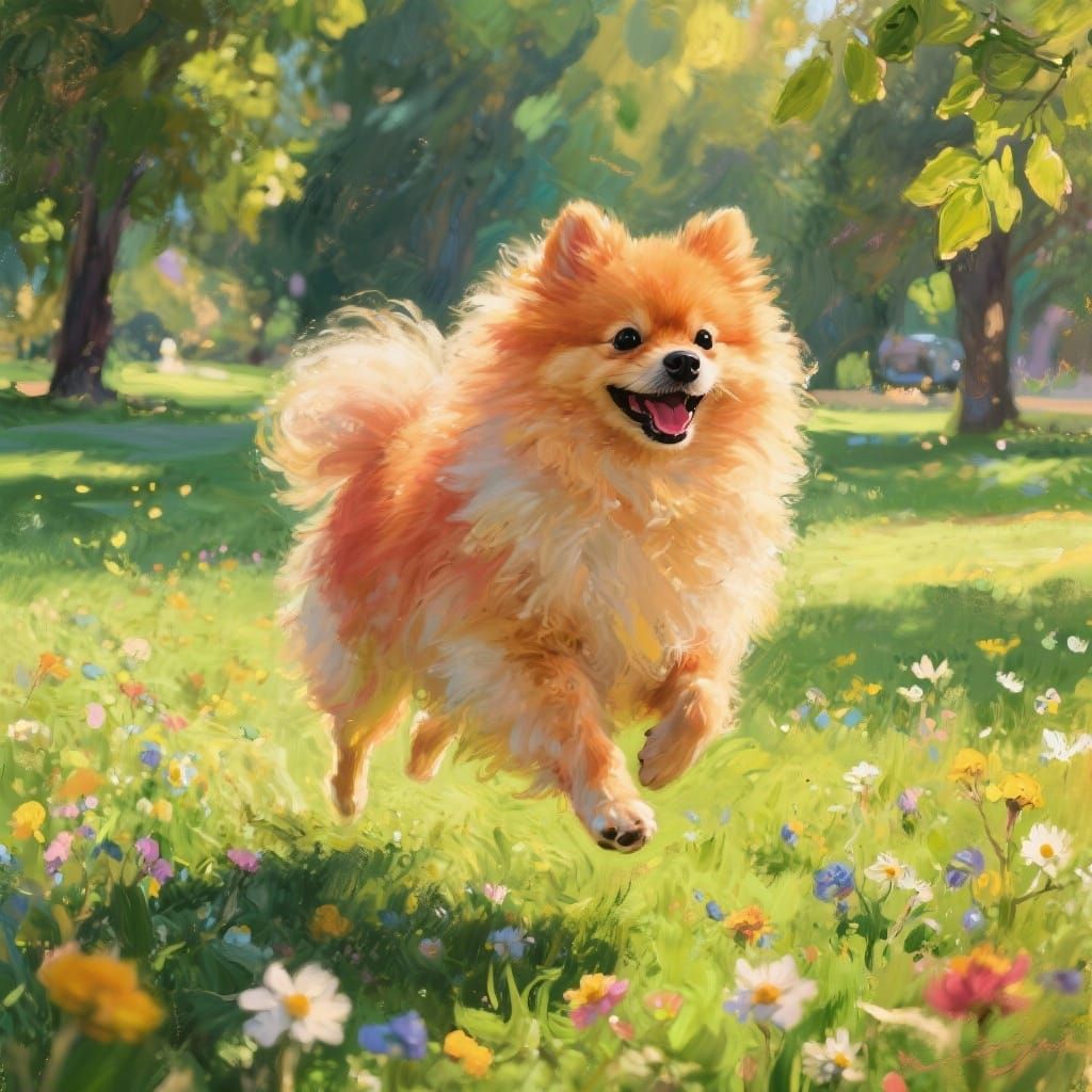 Joyful Pomeranian Running Through Wildflower Park Oil Painti...