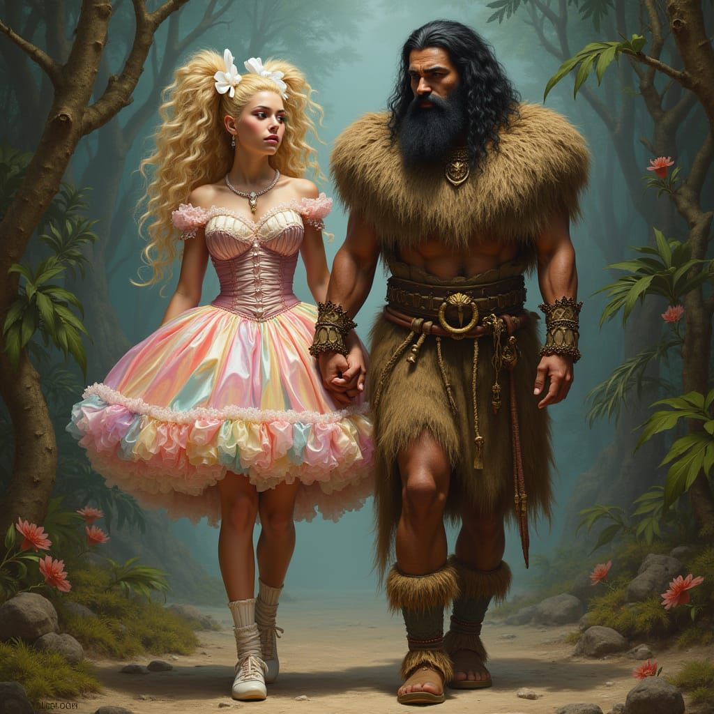 Dark Tribal King with Delicate Bride in Vibrant Landscape