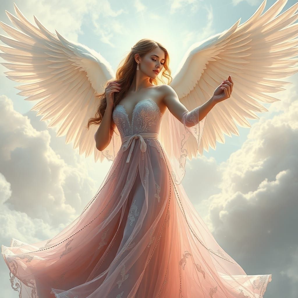 Woman and Angel Dance in Ethereal Art Nouveau Style