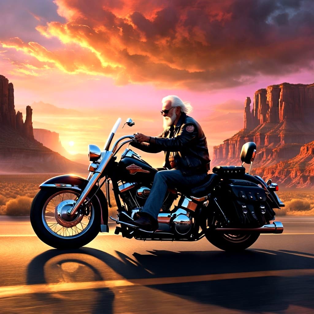 Elderly Biker on Harley at Sundown
