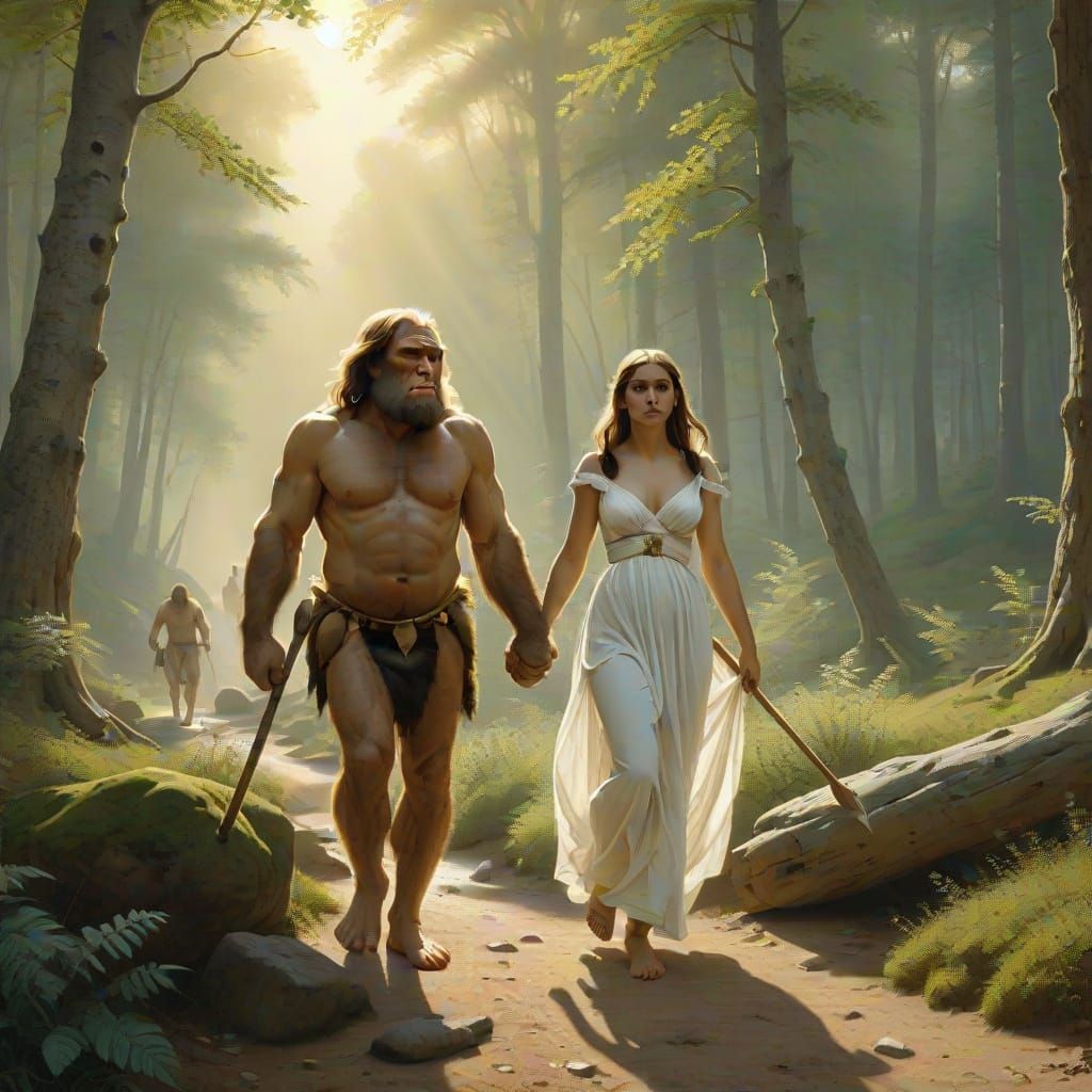 Neanderthal Gentleman Strolls Through Ancient Forest in Gold...