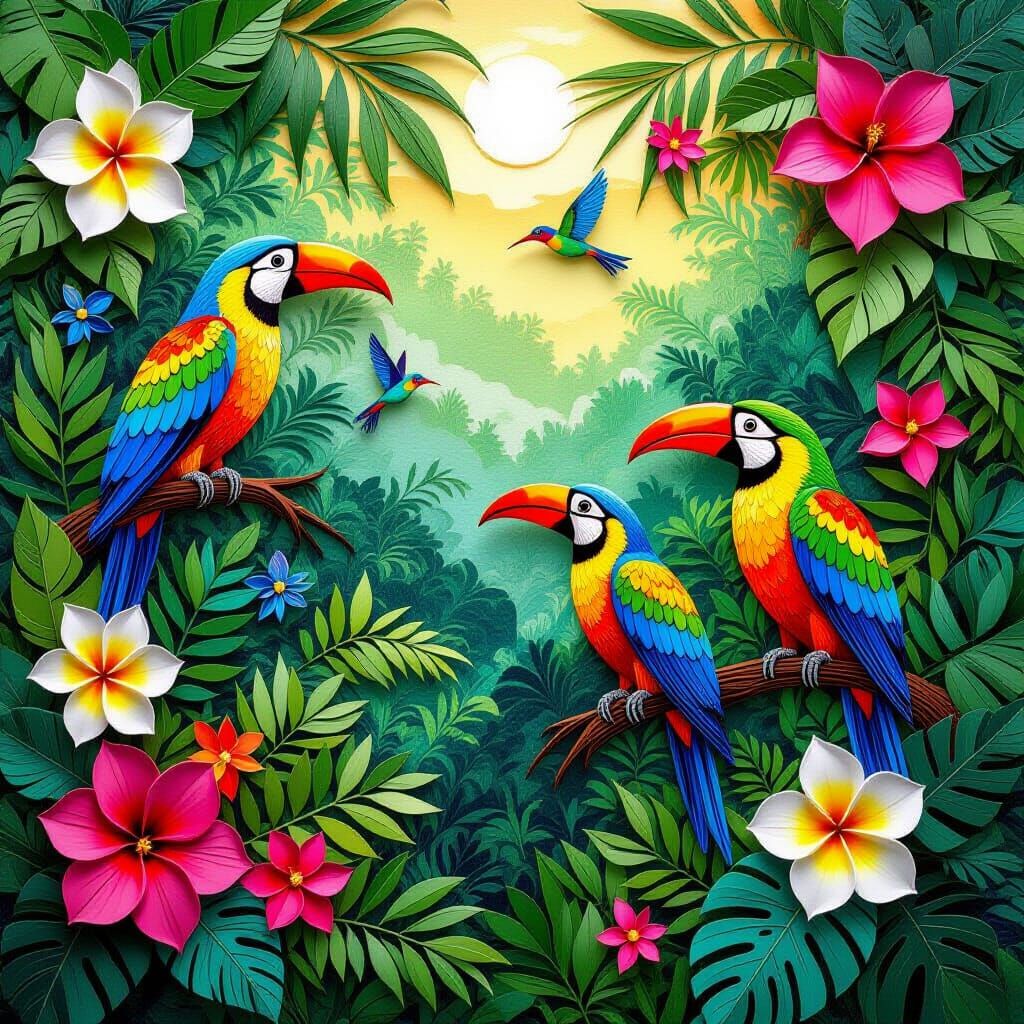 Tropical Jungle Scene in Quilling Collage Art