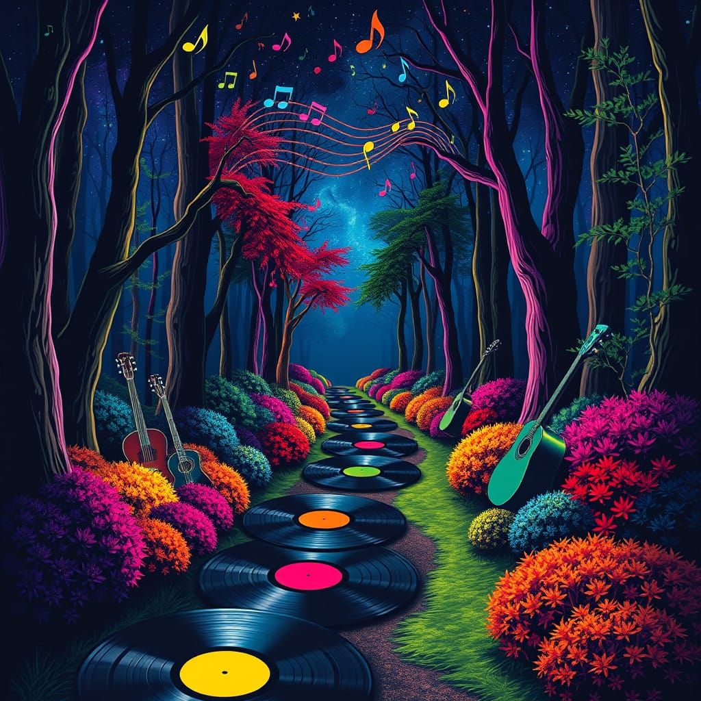 Magical Vinyl Record Forest Under Starry Night Sky
