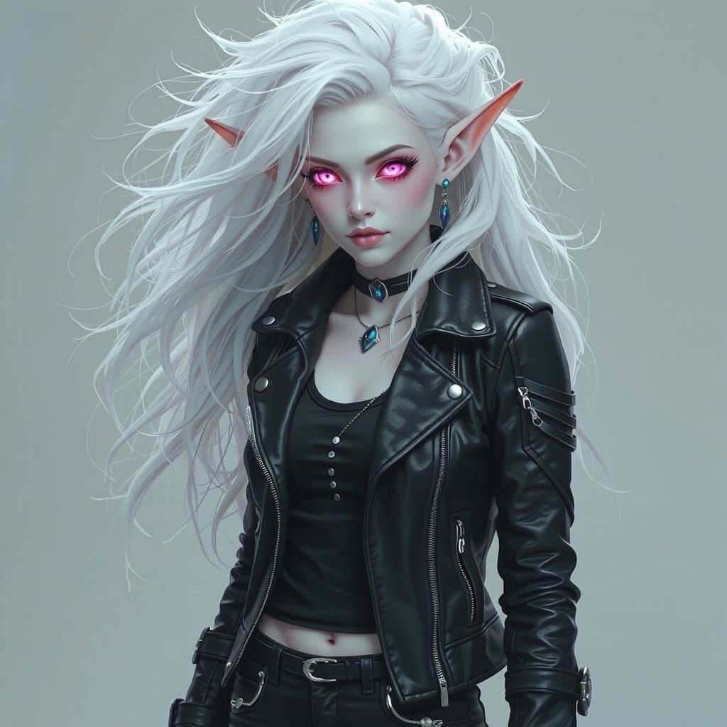Albino Elf in Black Leather with Glowing Pink Eyes