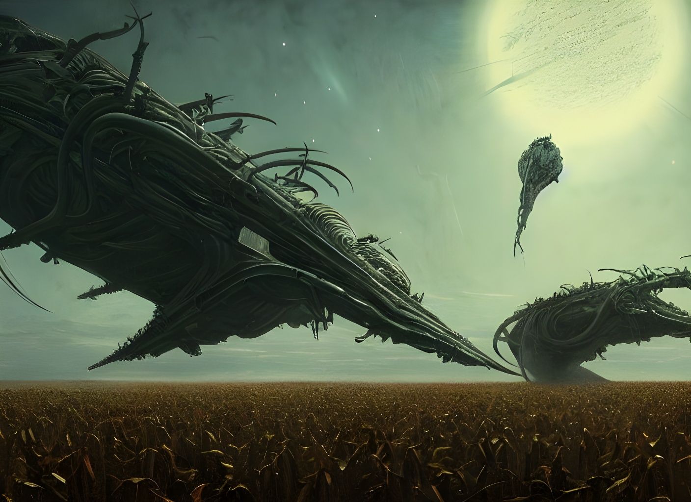 Alien Invasion of Cornfields in Horror Art Style