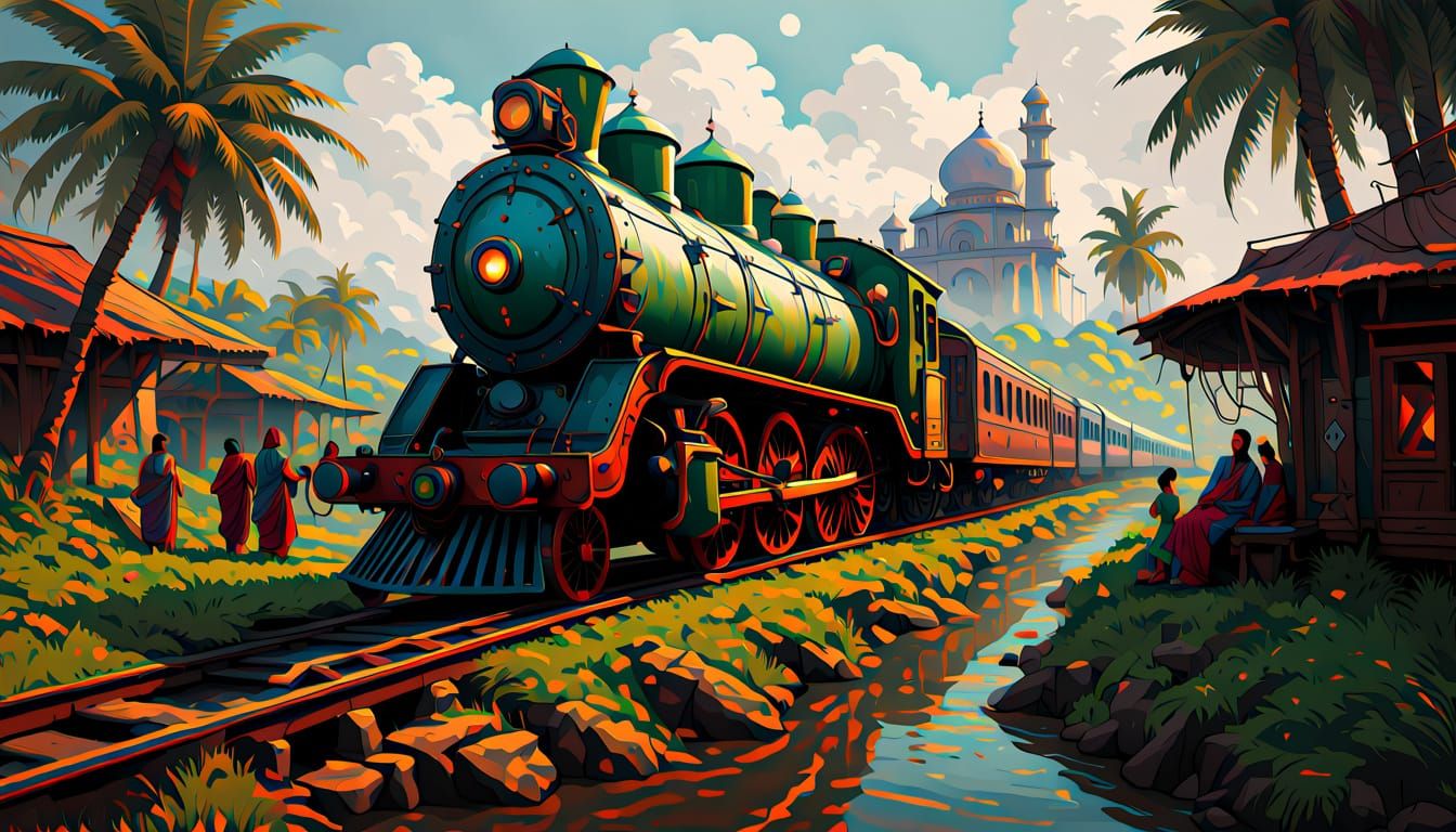 Train in Rural Bangladesh - Impasto Oil Painting
