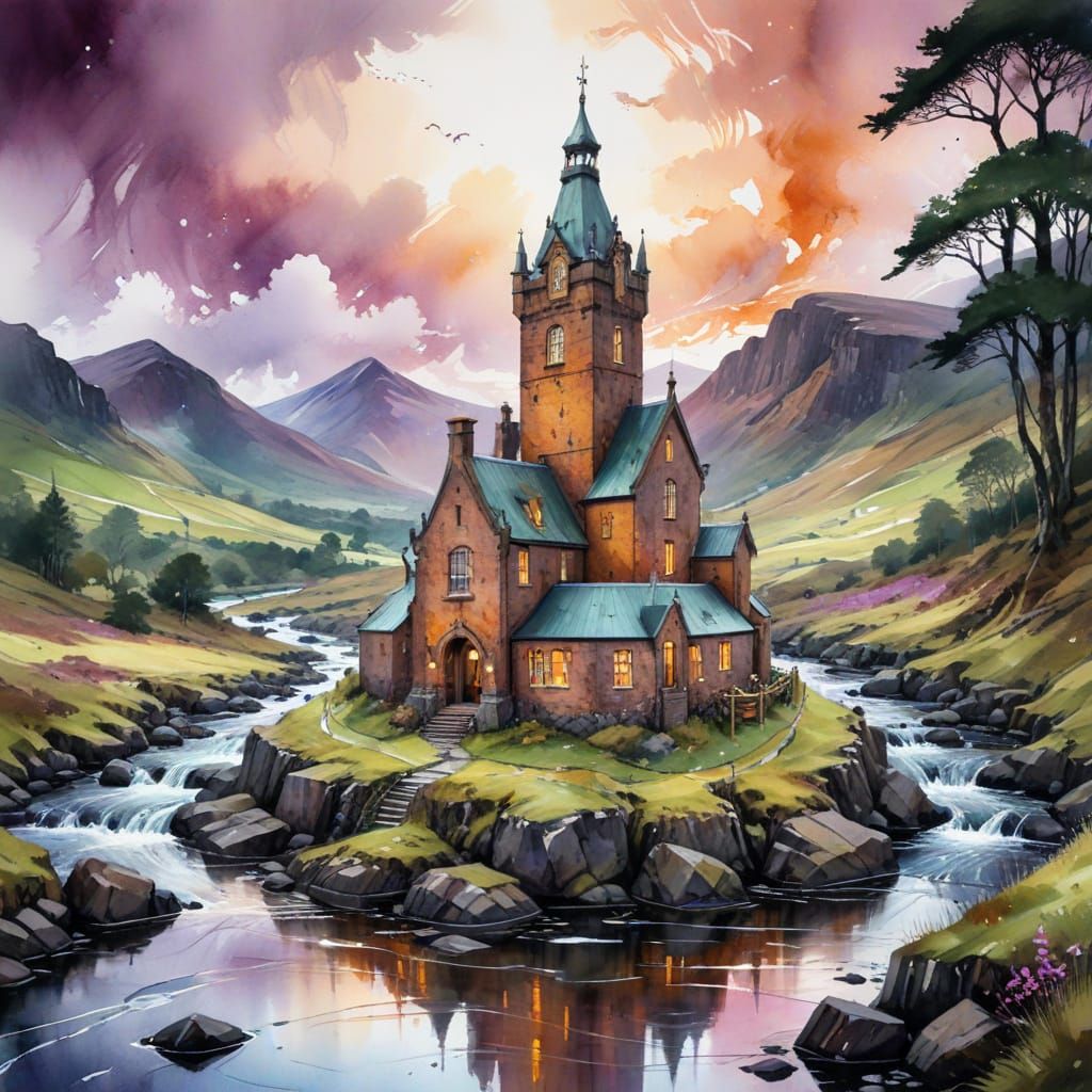 Whiskey Label Distillery in Misty Scottish Highlands