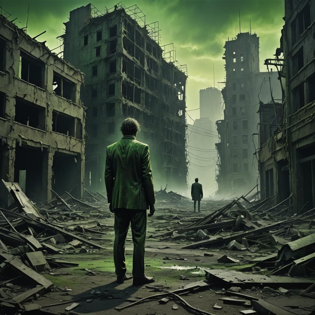 Dark Surrealism: Lone Figure in Ruined City