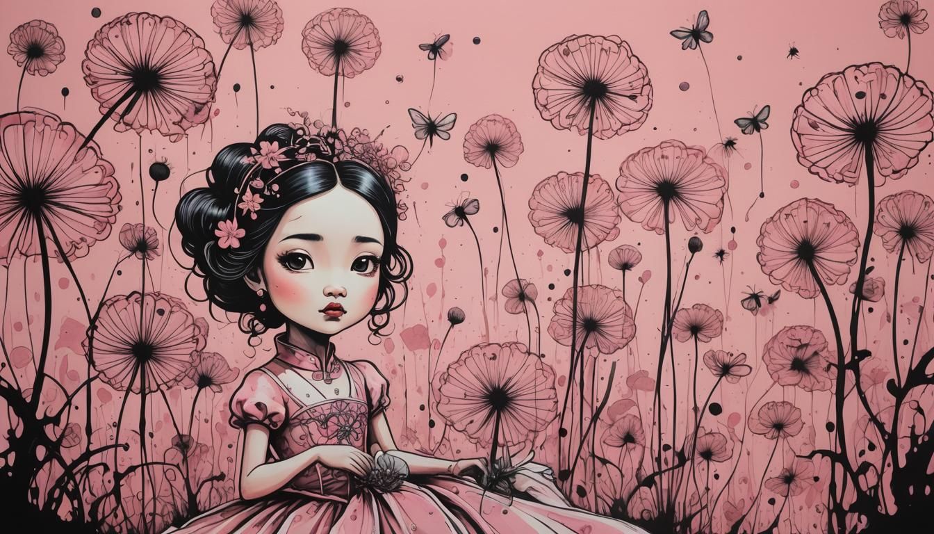 Chibi Princesses in an Ink Drawing with Surrealist Elements
