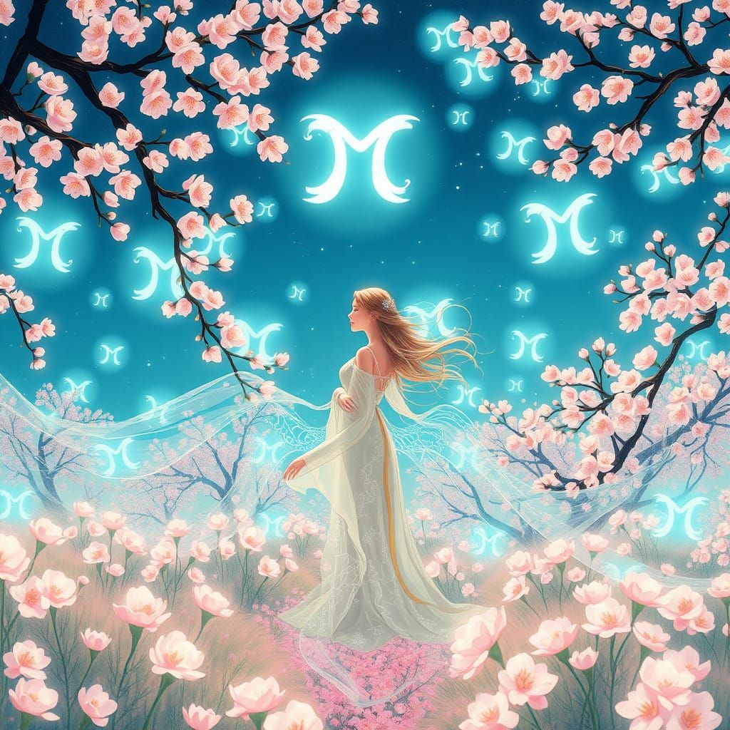 Ethereal Gemini Symbols Amidst Cherry Blossoms