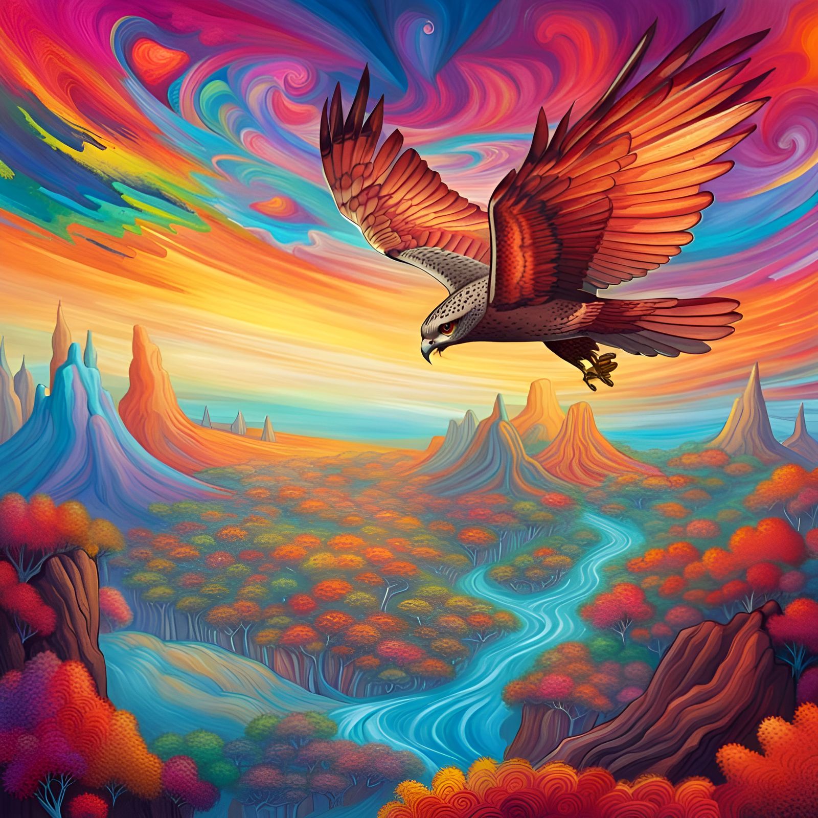 Hawk Soaring Over Vivid Fantasy Landscape