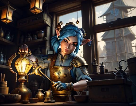 Gnome Repairs Automaton at Workbench: 3D Game Cinematic