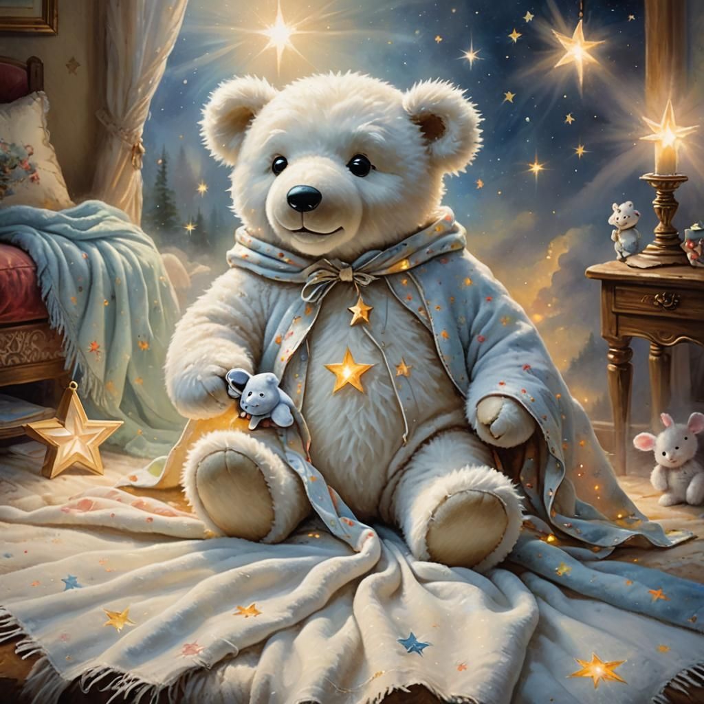 Teddy Bear with Star Blanket in Airbrushed Oil Painting