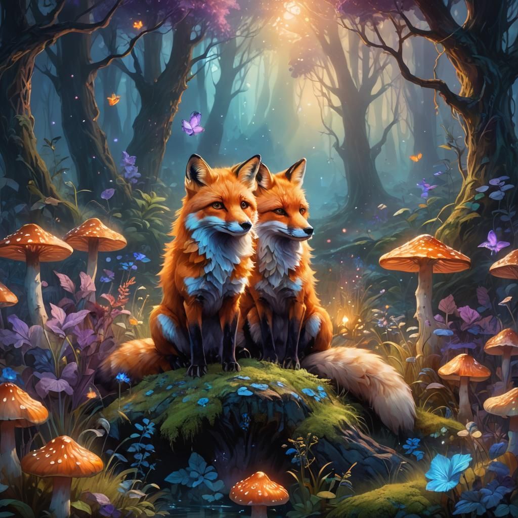 Majestic Fox in Enchanted Forest: Fantasy Oil Painting