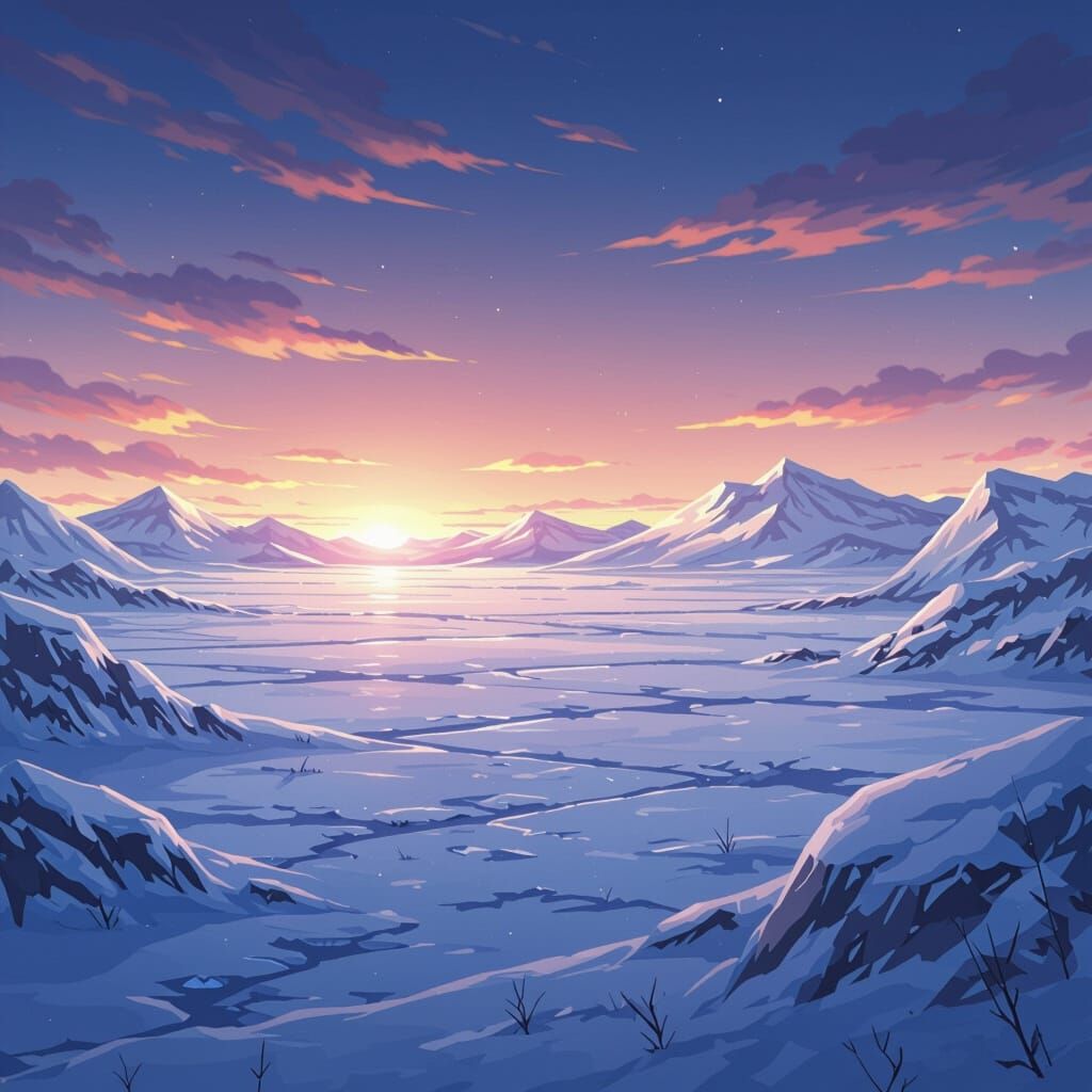 Anime Tundra Landscape with Frozen Mountains