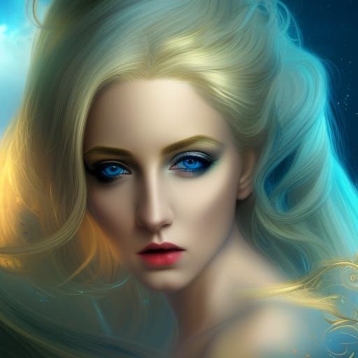 Golden-Eyed Woman with Flowing Hair and Shimmering Stars