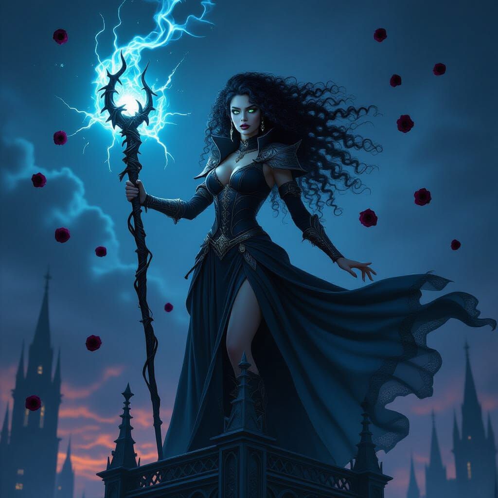 Gothic Sorceress Casting Spell with Arcane Energy