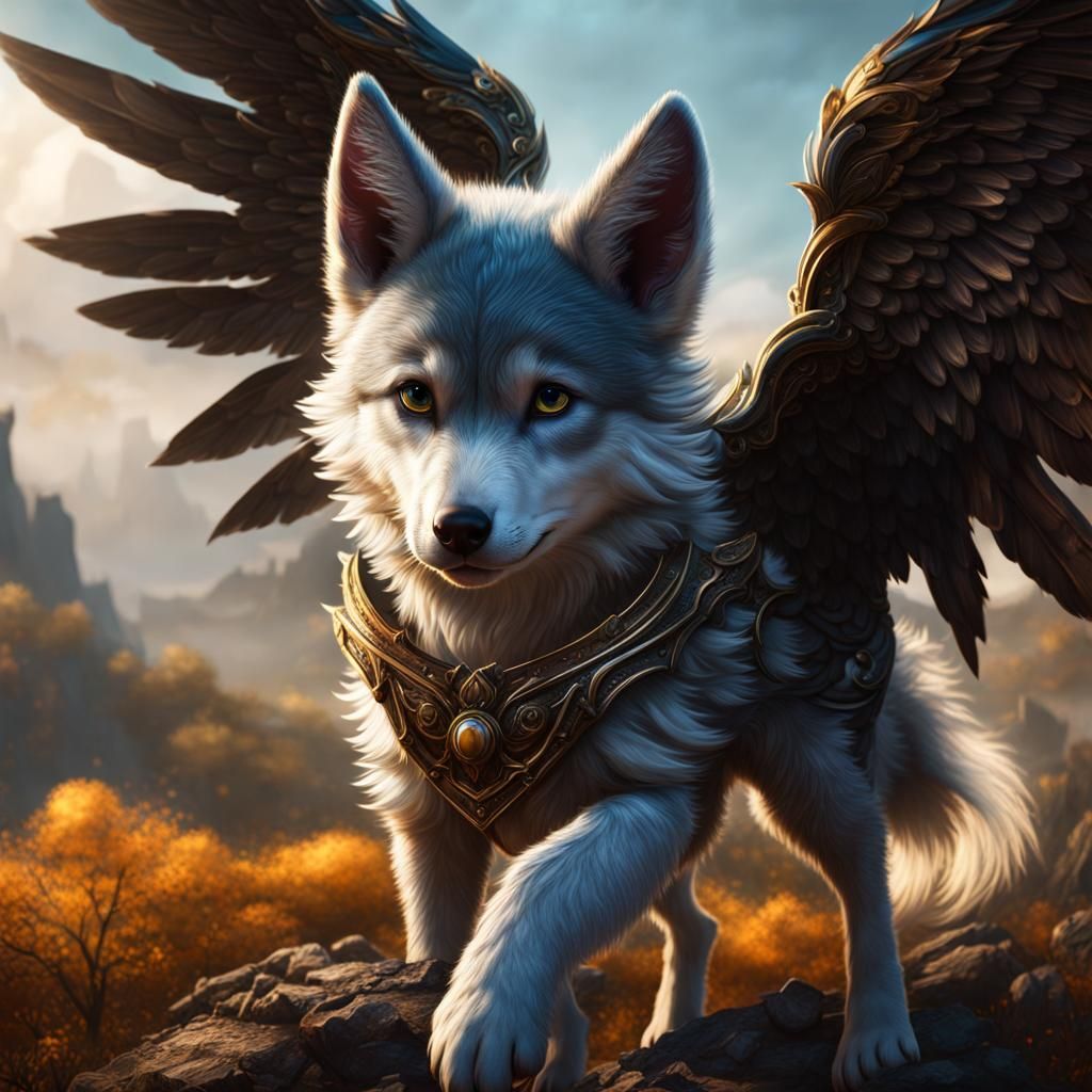 Winged Wolf Pup in Detailed Matte Painting