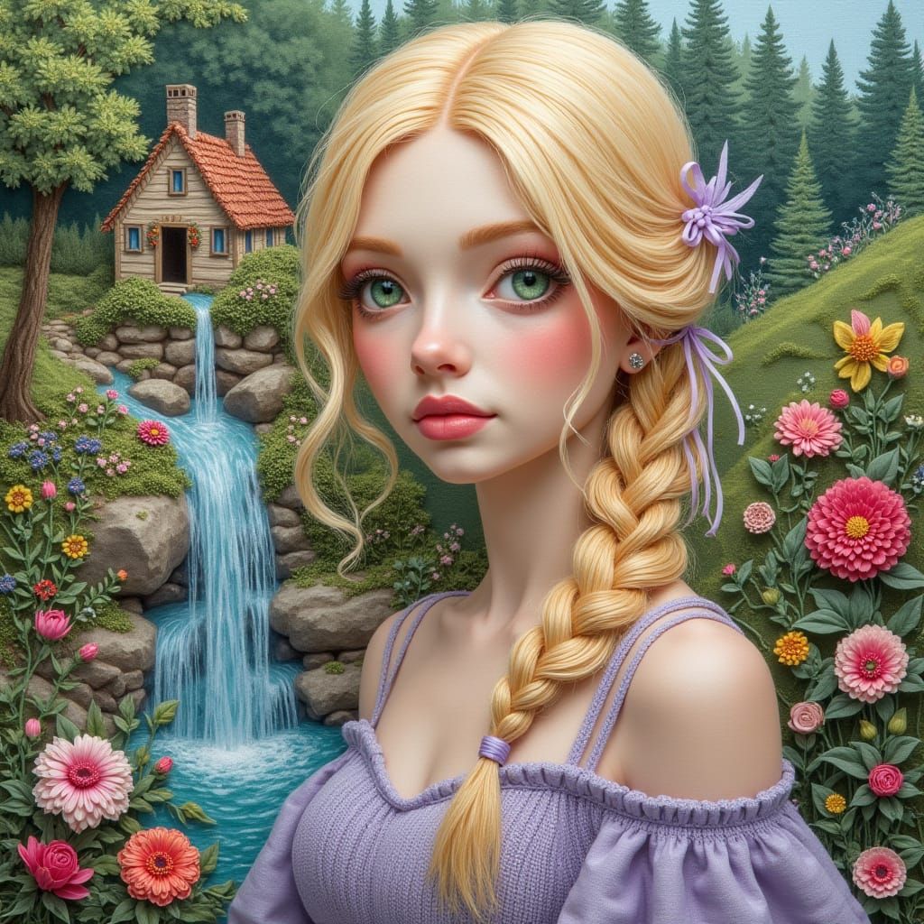 Embroidered Portrait of Woman in Lavender Knit Dress