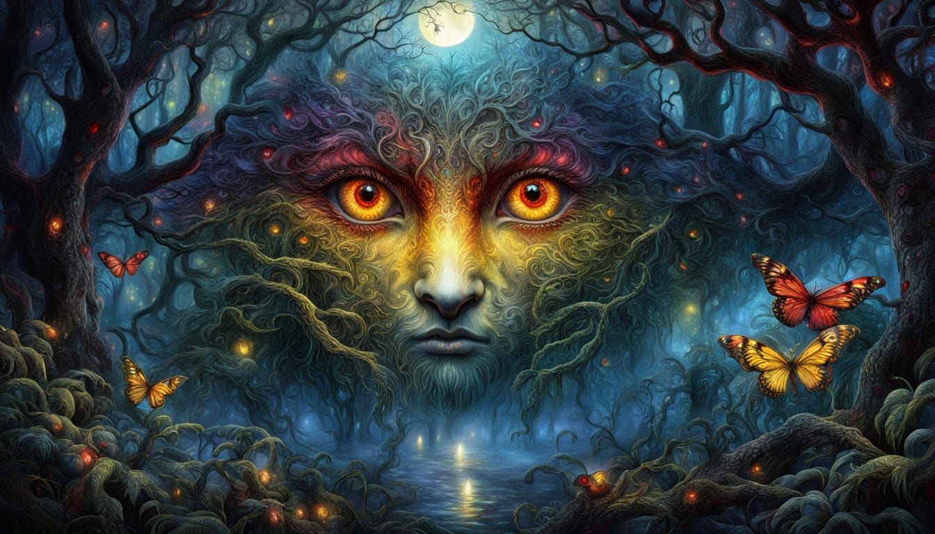 Surreal Forest Garden with Glowing Eyes