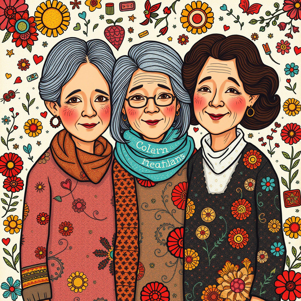Three Generations of Women in Doodle Art Style