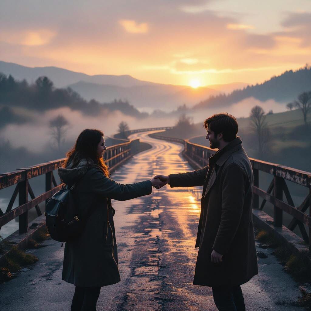 Heartfelt Reunion at Dawn Over Misty River