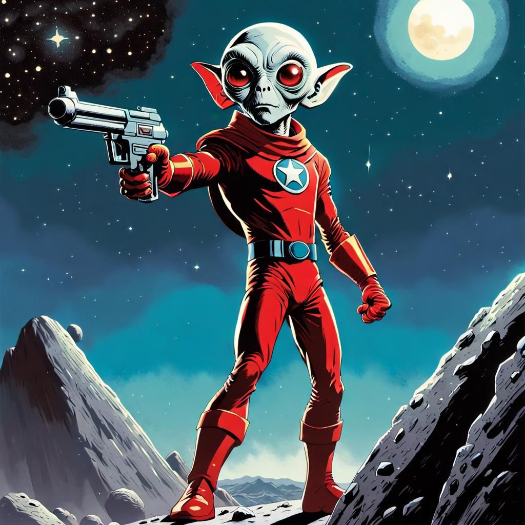 Alien Superhero Fires Ray Gun in 70s Comic Style