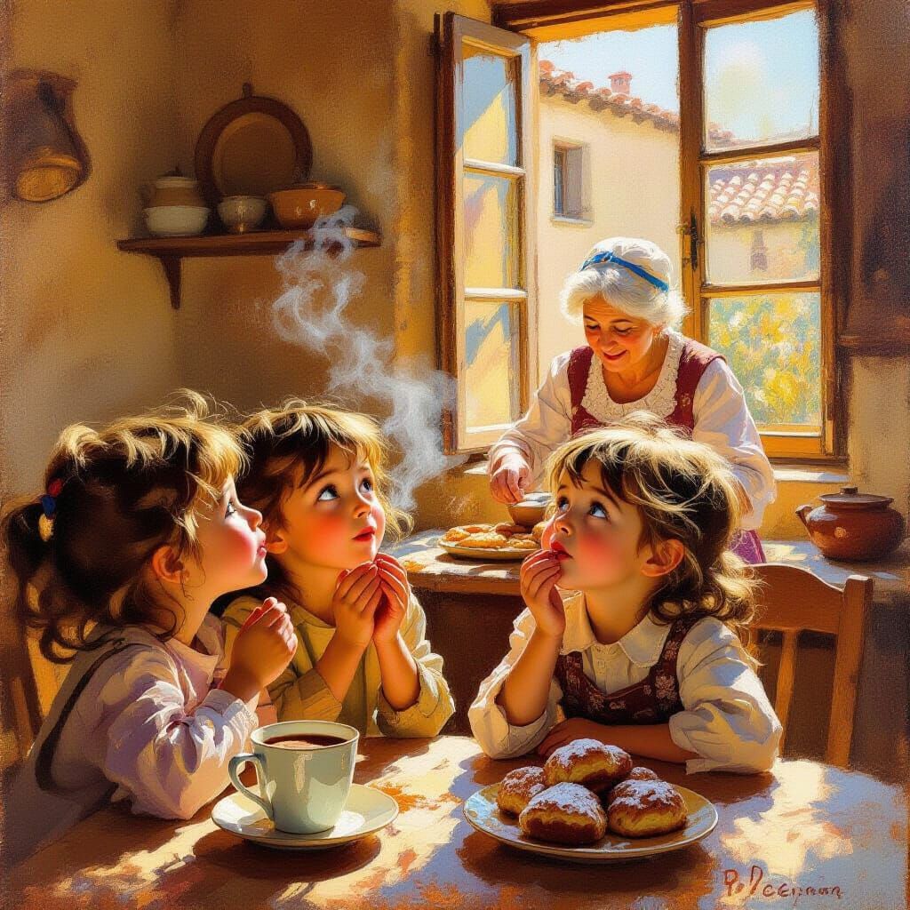 Children Enjoying Cinnamon Hot Chocolate in Sunlit Sicilian ...