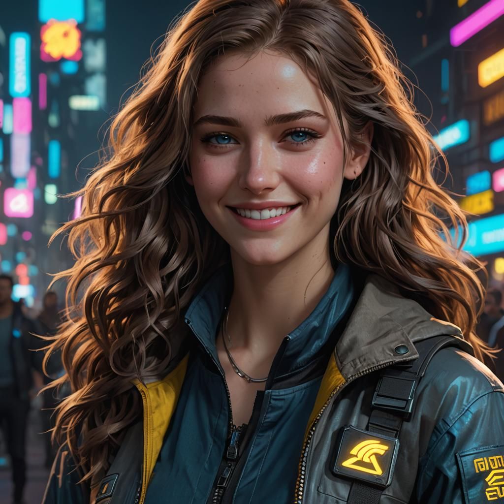 Smiling Cyberpunk Girl with Sandy-Brown Hair