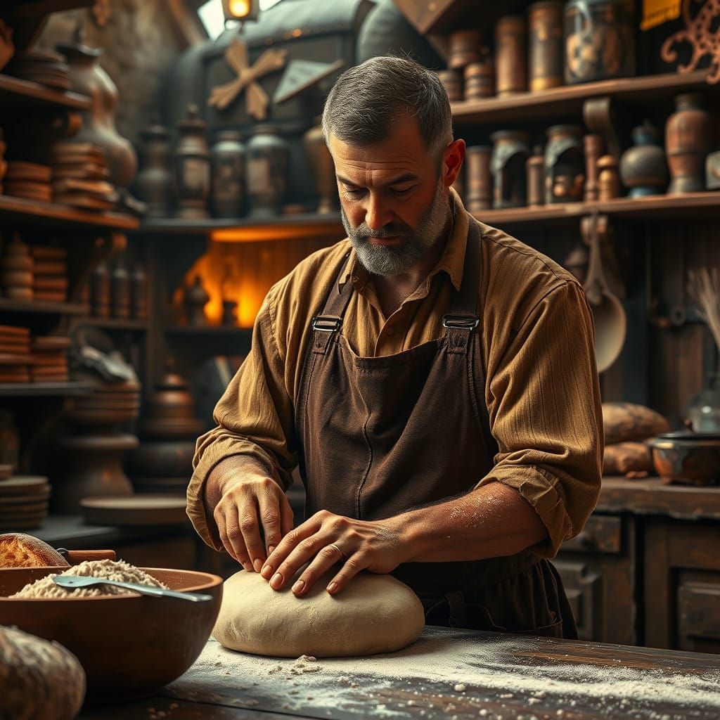 Mystical Baker Crafts Ancient Bread in Whimsical Bakery