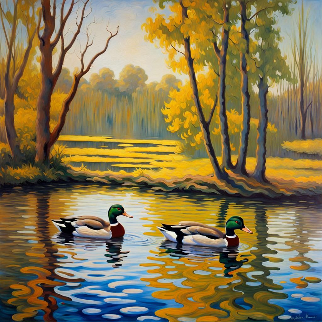 Ducks in Rippling Reflections as Impressionist Land Art