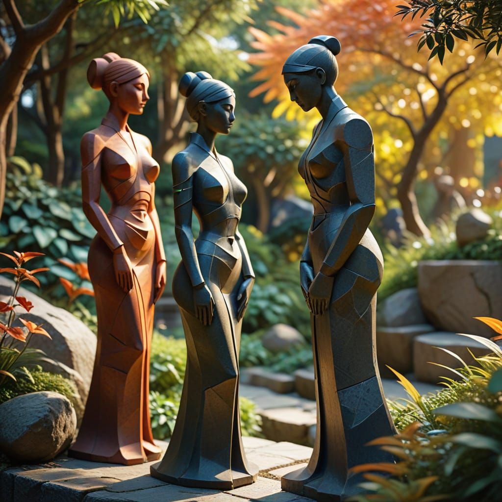 Cubist Animated Sculptures in Japanese Garden