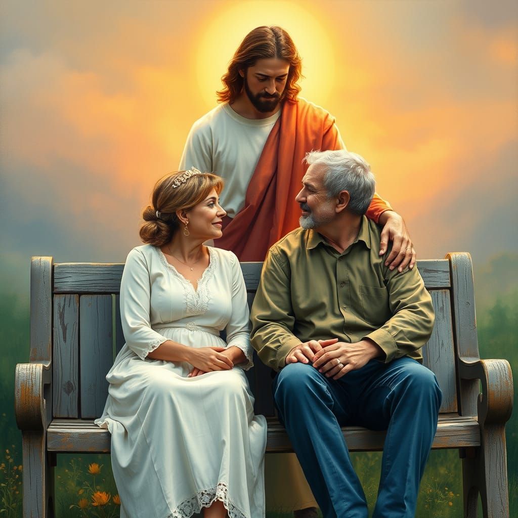 Jesus Blesses Couple Growing Old Together in Golden Light