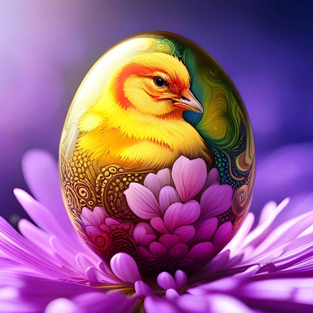 Chick Hatching from Flower Egg in Gouache Style