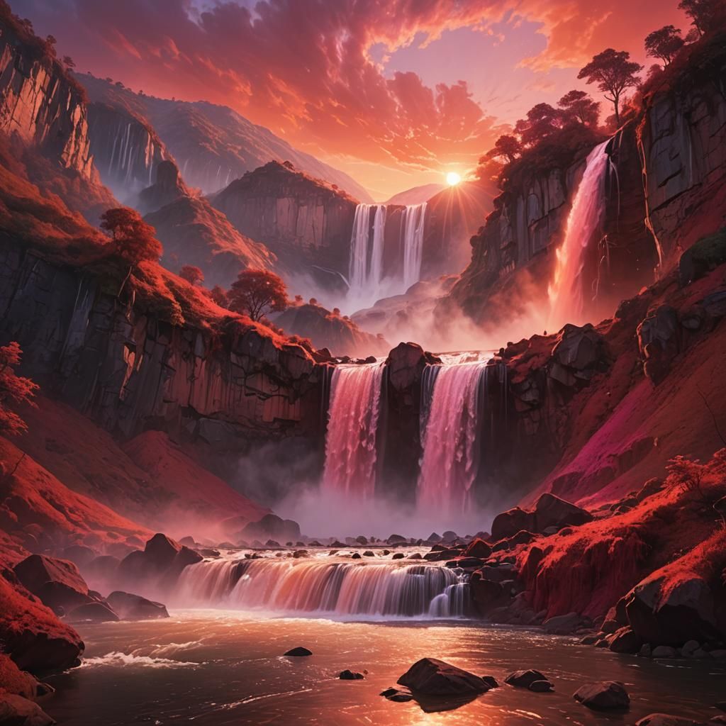 Vibrant Red Waterfall in Dreamlike Digital Art