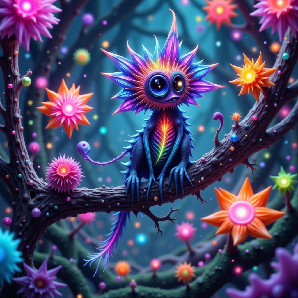 Bioluminescent Creature with Holographic Scales in Alien For...