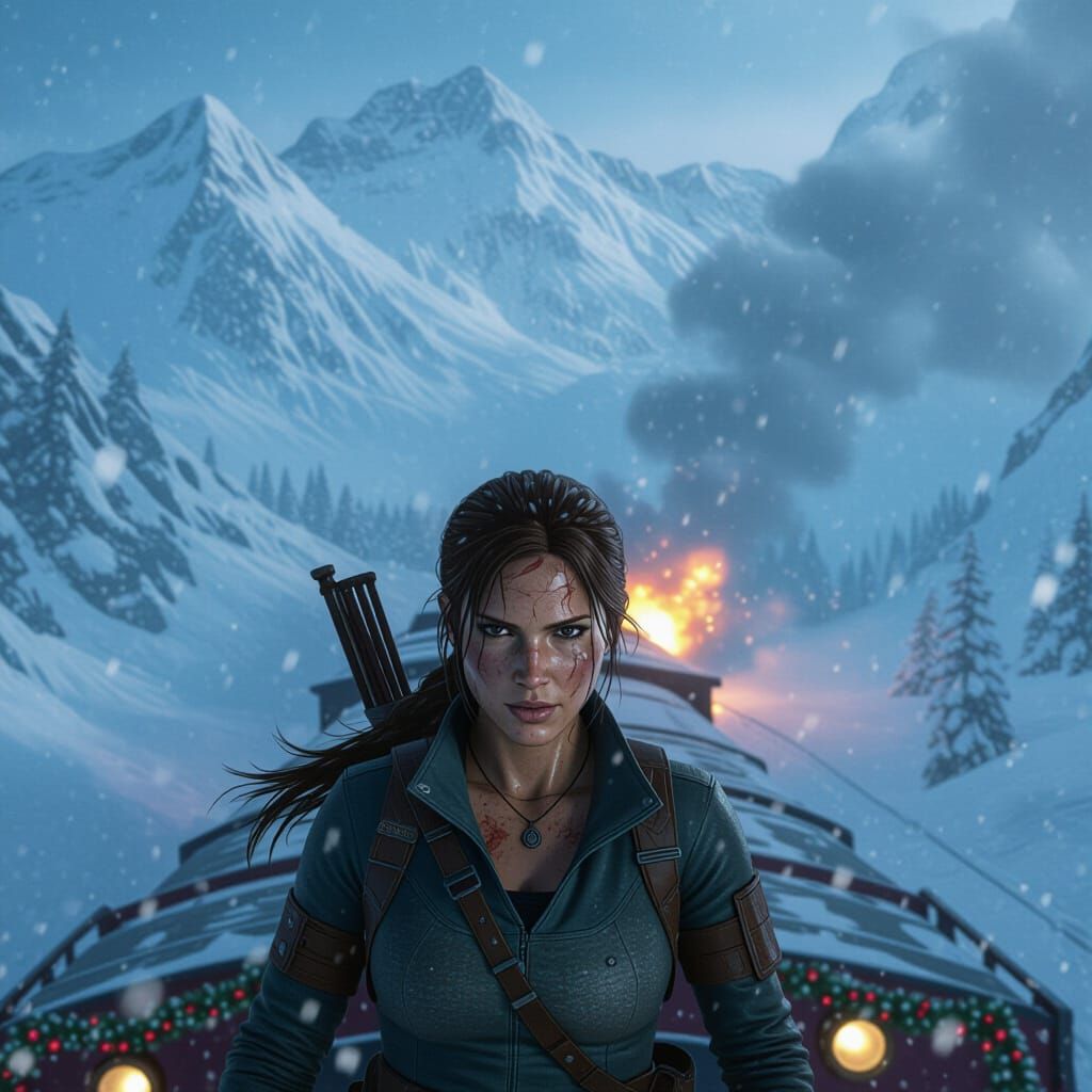Lara Croft on Snowpiercer Train Amidst Snowy Mountains