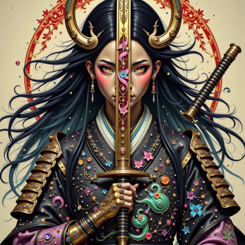 Japanese Warrior with Katana Reflecting Demon, in Ukiyo-e St...