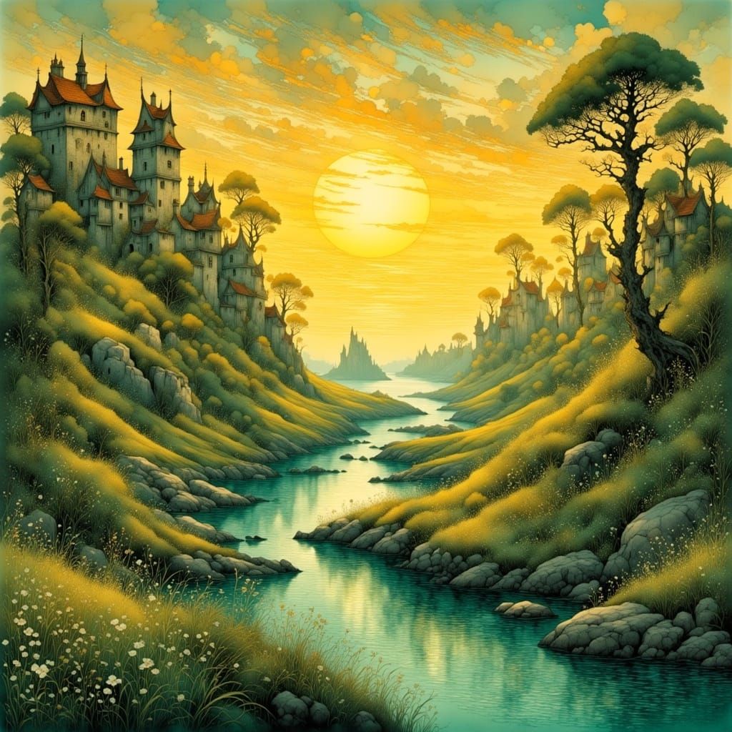 Medieval Ocean Village Sunset in Digital Art