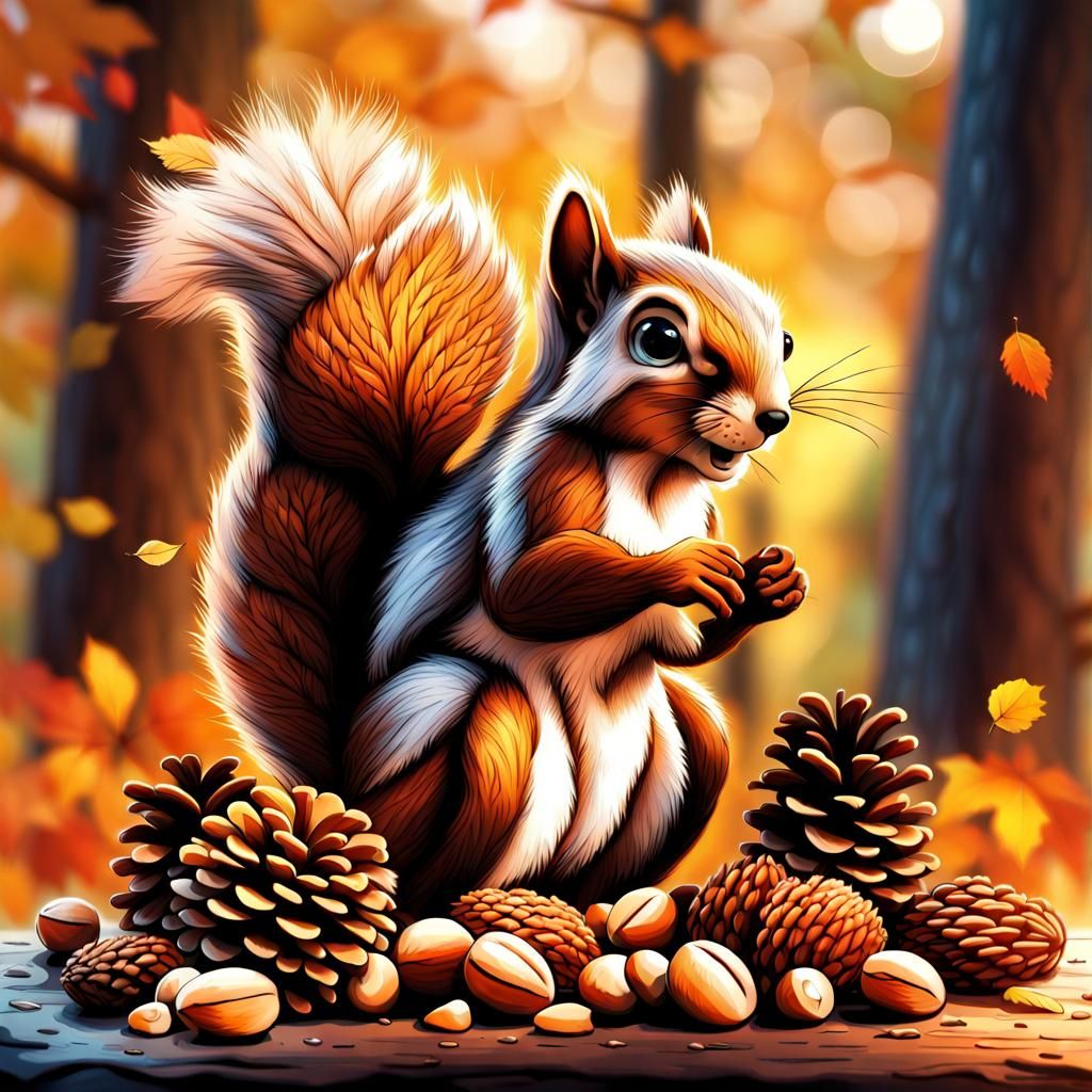 Squirrel with Cheeks Full of Nuts Under Autumn Leaves