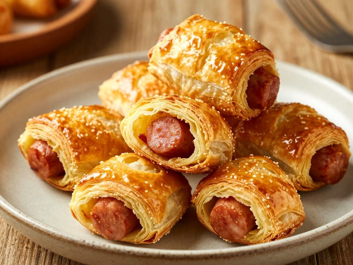 Delicious Sausage Rolls Stacked on Plate