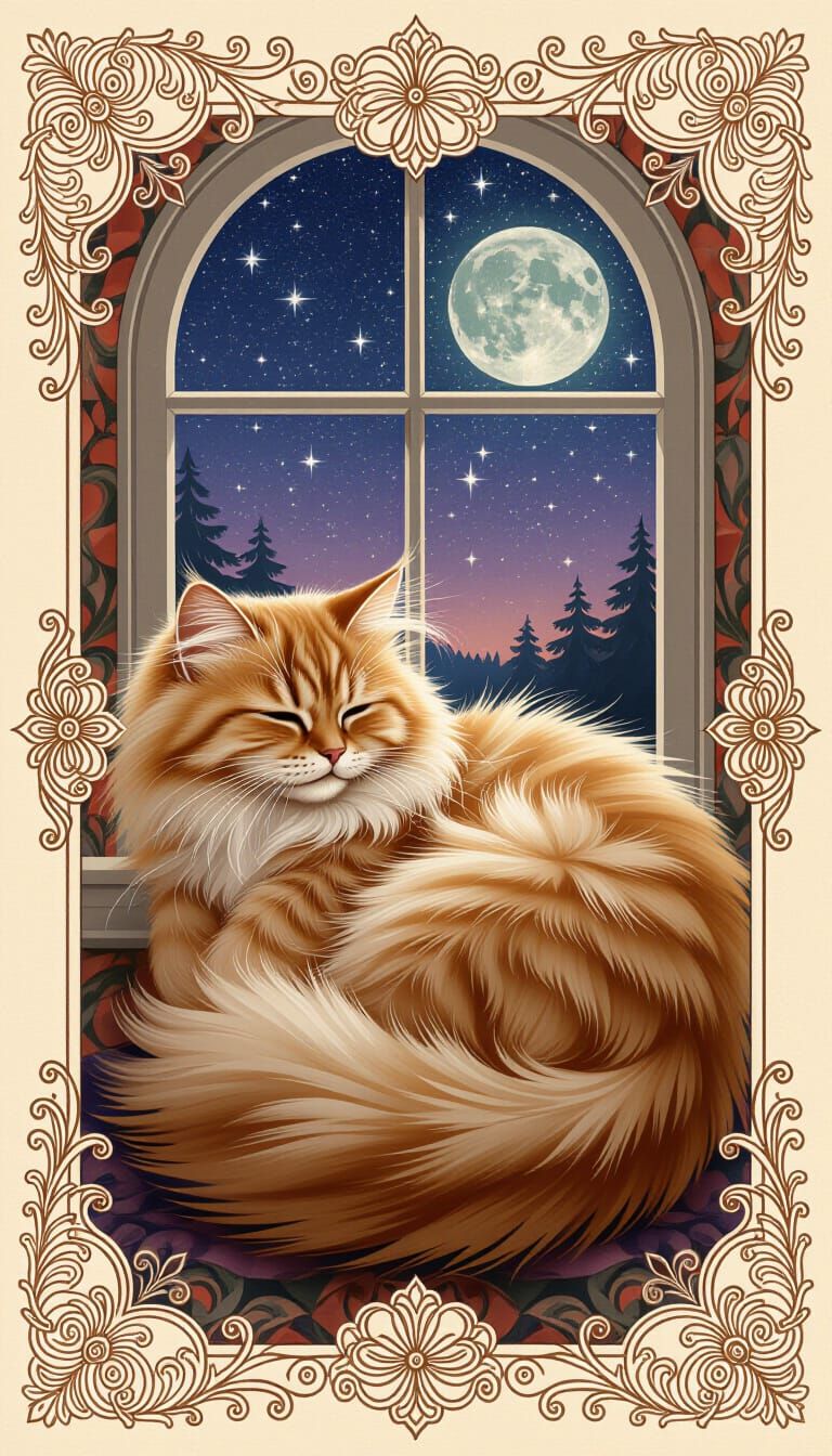 Fluffy Cat Sleeping on Ornate 1960s Postcard