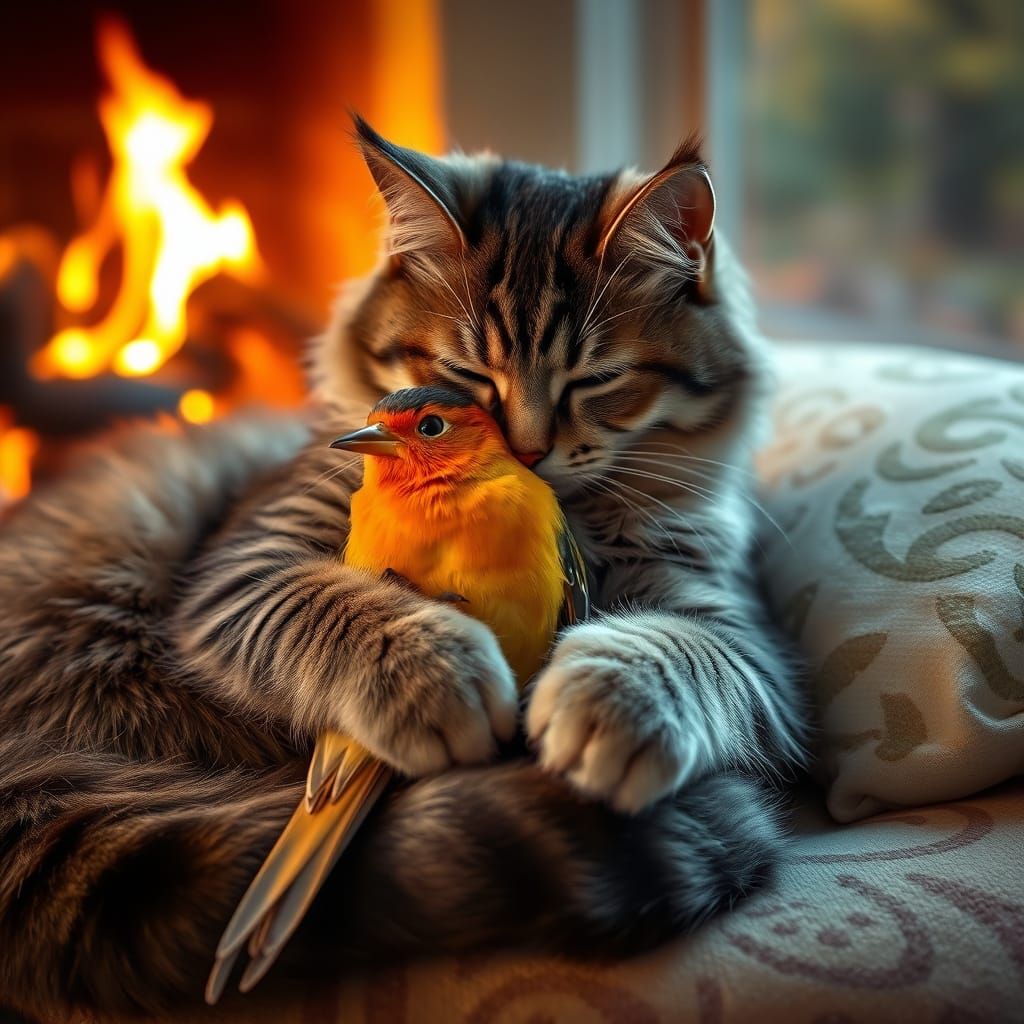 Cozy Cat Cuddles Bird by Fireplace