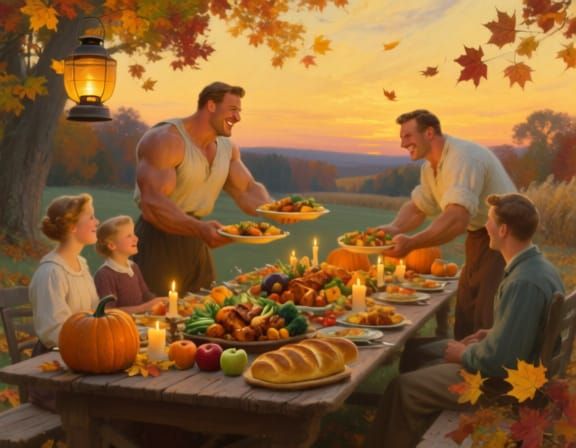 Idyllic Autumn Harvest Feast Under Amber Sky
