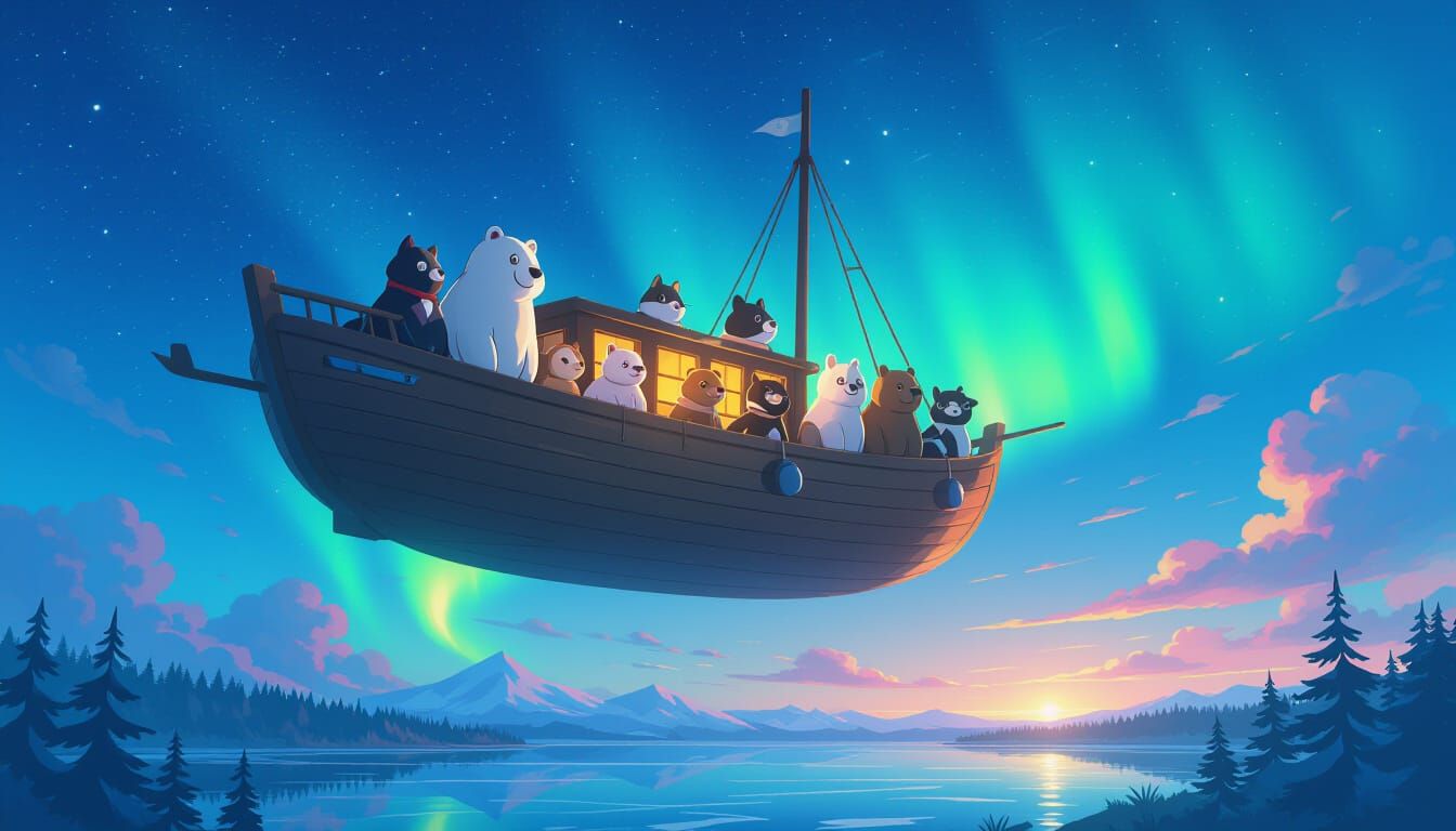 Noah's Ark Flying Boat Soaring Through Starry Aurora Sky